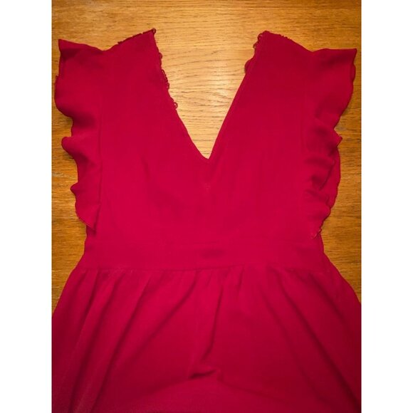 Red Ruffled V-Neck Dress With Lace Trim & Tie Back - Picture 4 of 6